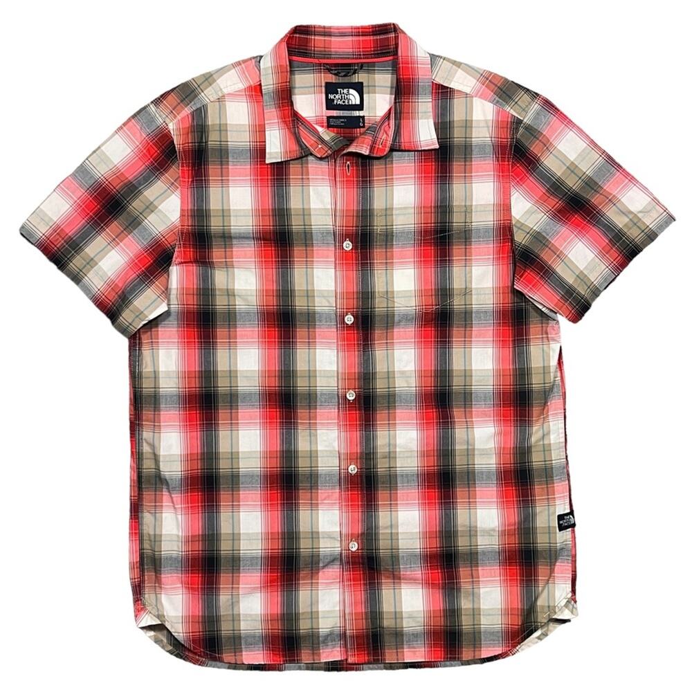 The North Face Red Black Tan Plaid Short Sleeve Button Down Shirt Men Size Large